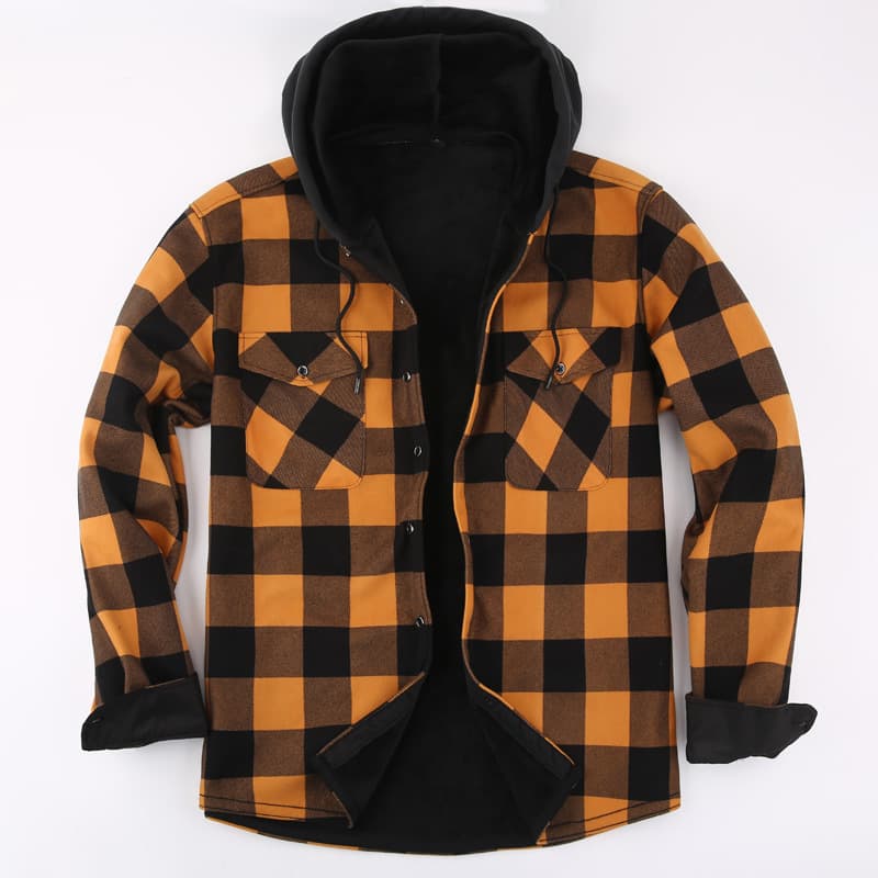 Foreign trade plus size men's warm hooded plaid shirt velvet thickened shirt long-sleeved casual jacket winter plaid 10