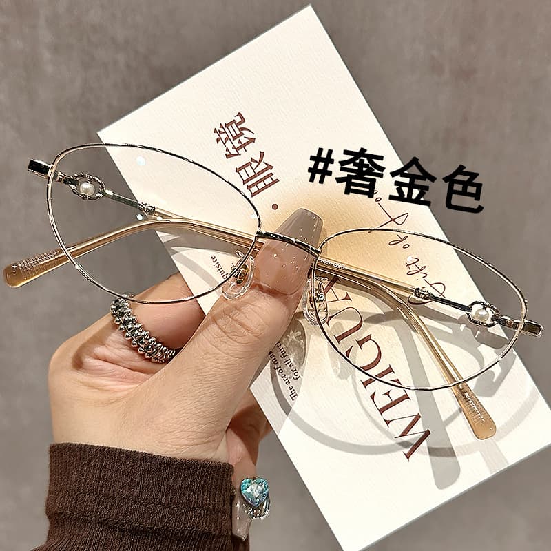 Ultra-light metal thin-rim myopia glasses frame for women, Chinese style cat-eye retro flat glasses with prescription wholesale 58166 7