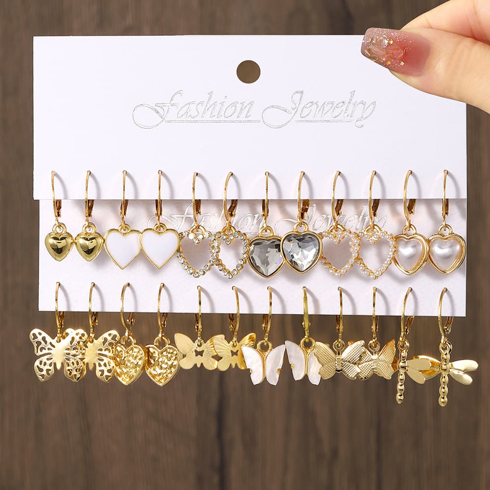 European and American cross-border new earring set 12 pairs creative retro simple hollow butterfly love dragonfly ear jewelry 2
