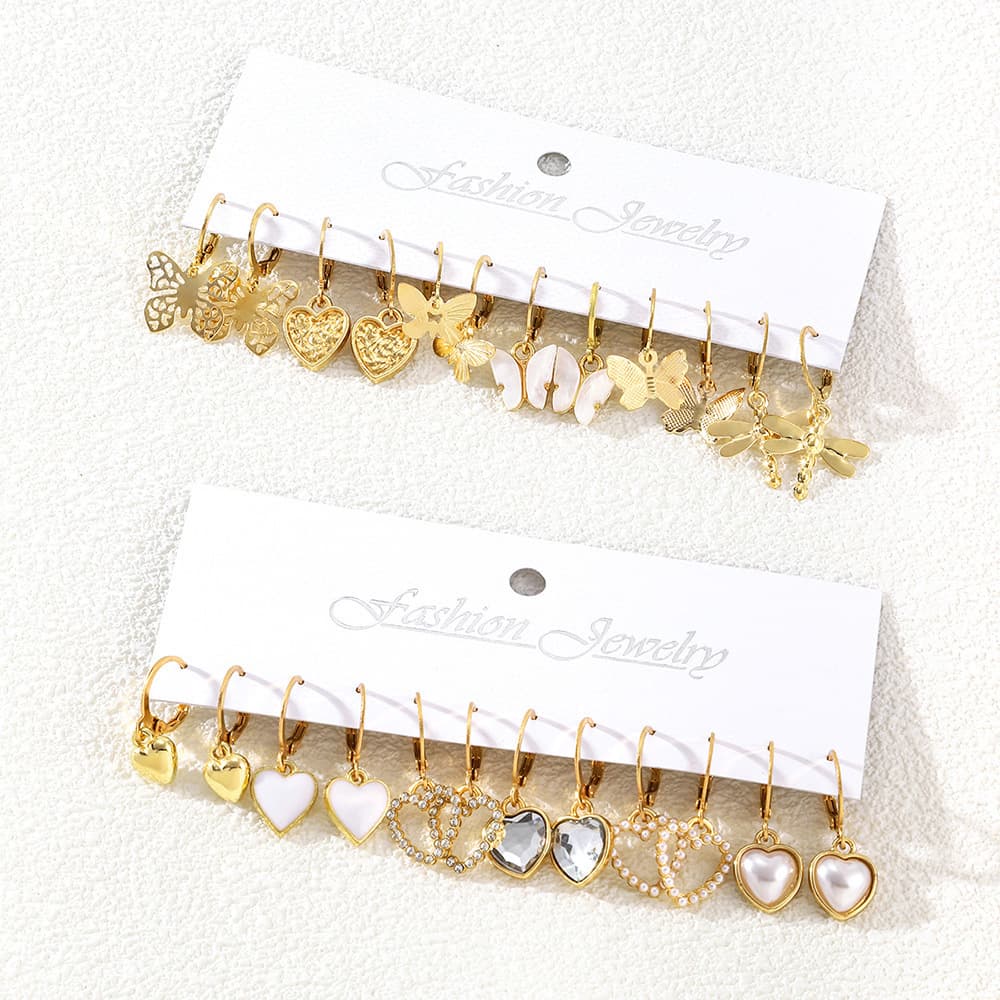European and American cross-border new earring set 12 pairs creative retro simple hollow butterfly love dragonfly ear jewelry 3