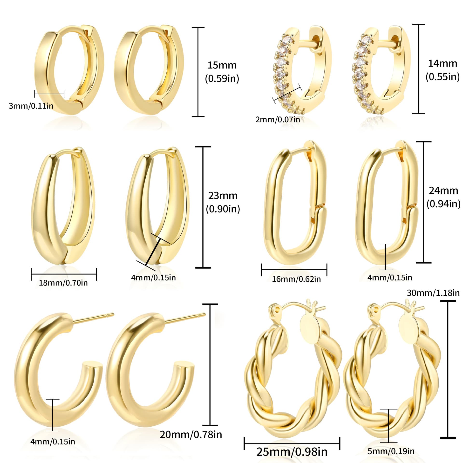 Brass with real gold plating, European and American cross-border best-selling retro glossy hoop-shaped cold style versatile earrings and earrings set 4