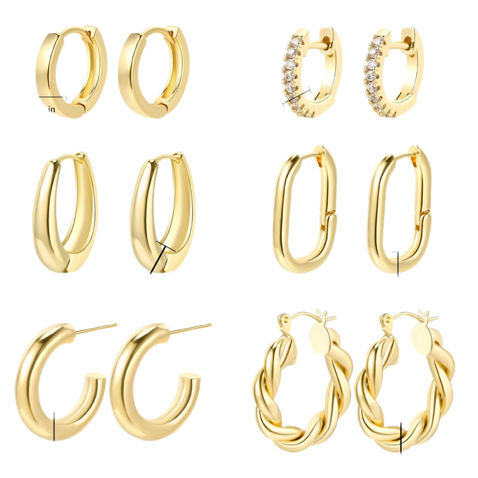 Brass with real gold plating, European and American cross-border best-selling retro glossy hoop-shaped cold style versatile earrings and earrings set 6