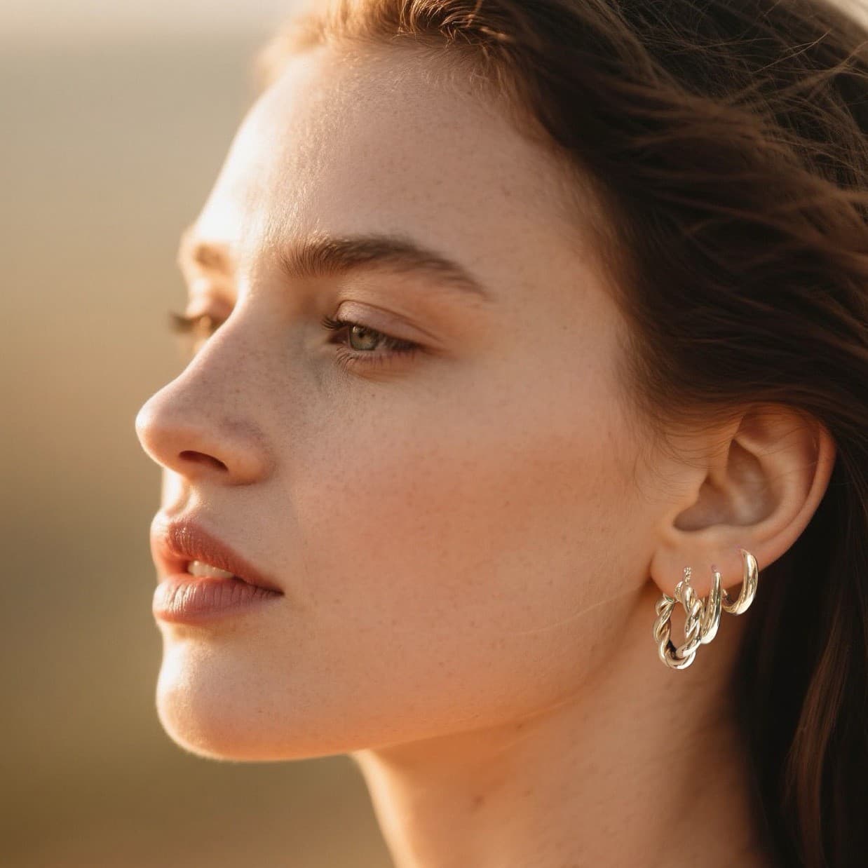 Brass with real gold plating, European and American cross-border best-selling retro glossy hoop-shaped cold style versatile earrings and earrings set 1