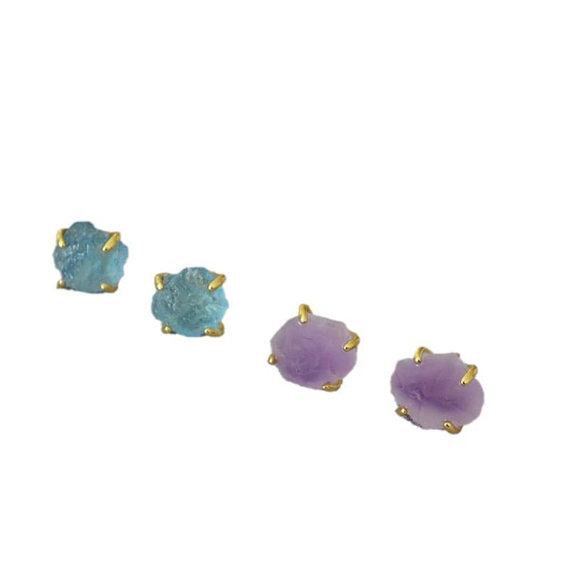 Small luxury light luxury brass gold-plated four-prong inlaid irregular raw stone aquamarine amethyst 925 silver needle stud earrings for women 6