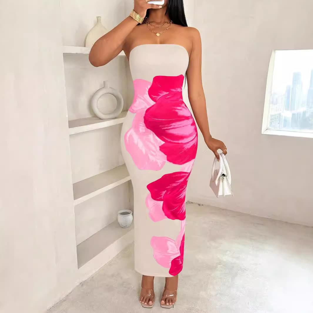 2025 European and American cross-border new shein women's slim off-shoulder contrasting color floral print elegant fashionable dress 2