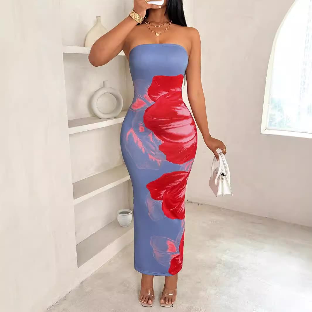 2025 European and American cross-border new shein women's slim off-shoulder contrasting color floral print elegant fashionable dress 4