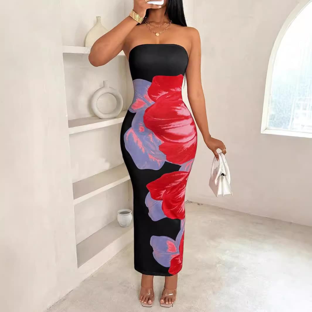 2025 European and American cross-border new shein women's slim off-shoulder contrasting color floral print elegant fashionable dress 5