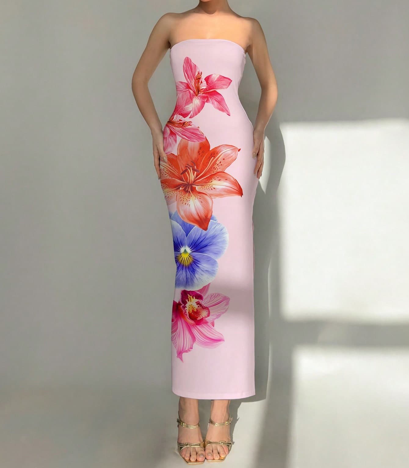 2025 European and American cross-border new shein women's slim off-shoulder contrasting color floral print elegant fashionable dress 10