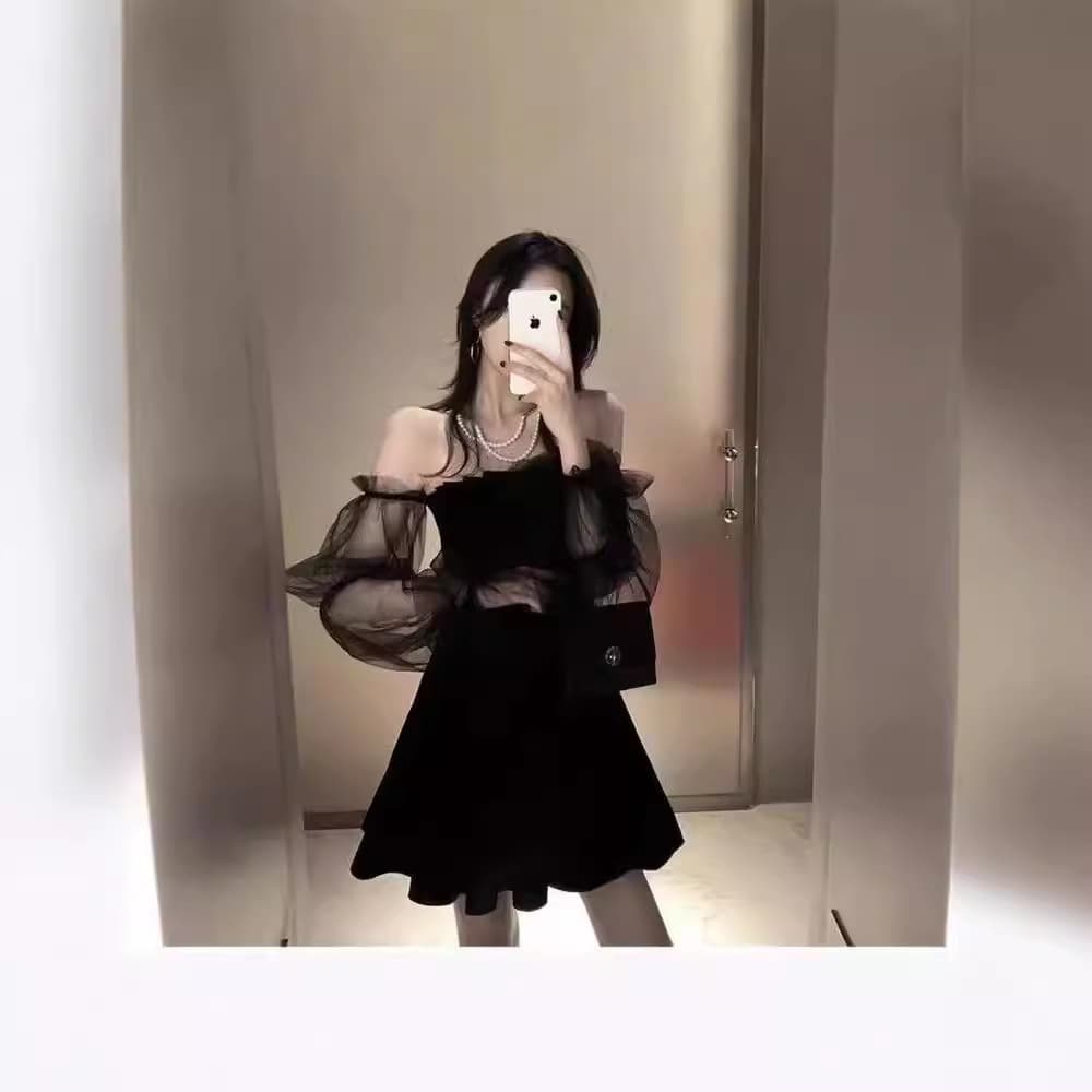 Cross-border wholesale summer new style temperament mesh puff sleeves black skirt off-shoulder blended waisted puffy dress for women 4