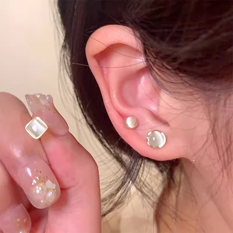 Silver needle ear piercing cat's eye stone earrings six-piece set for sleeping without removing ear bone nails design niche earrings accessories for women 3