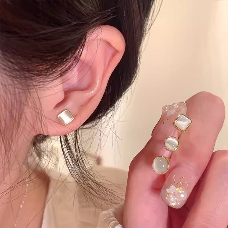 Silver needle ear piercing cat's eye stone earrings six-piece set for sleeping without removing ear bone nails design niche earrings accessories for women 5
