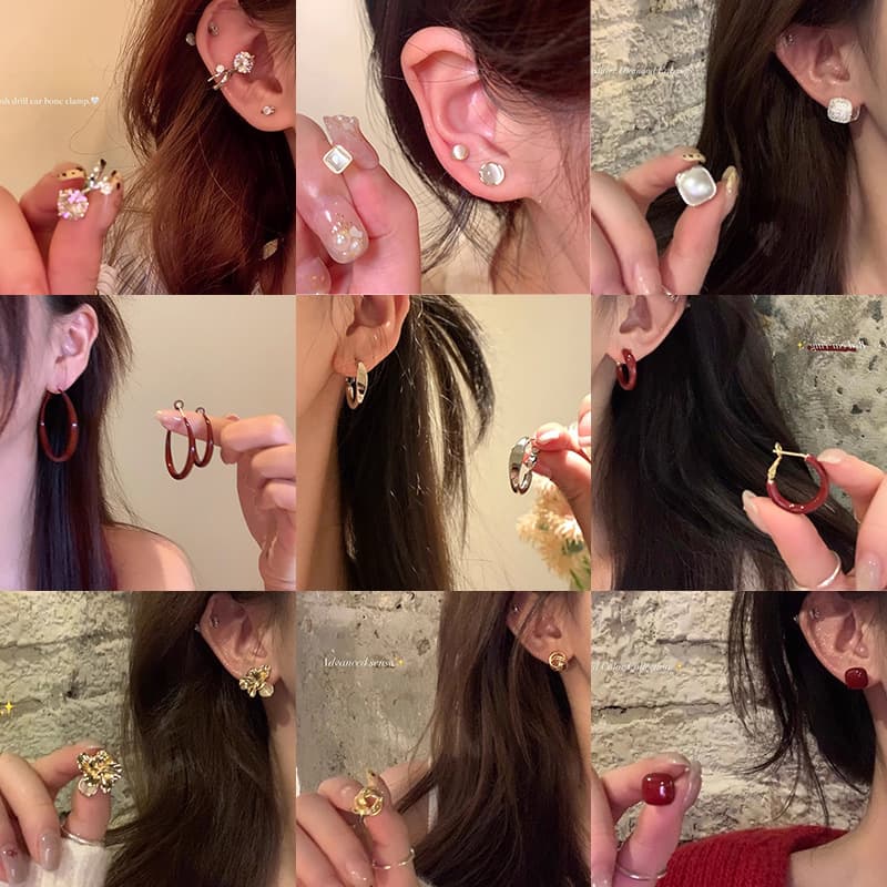 Silver needle ear piercing cat's eye stone earrings six-piece set for sleeping without removing ear bone nails design niche earrings accessories for women