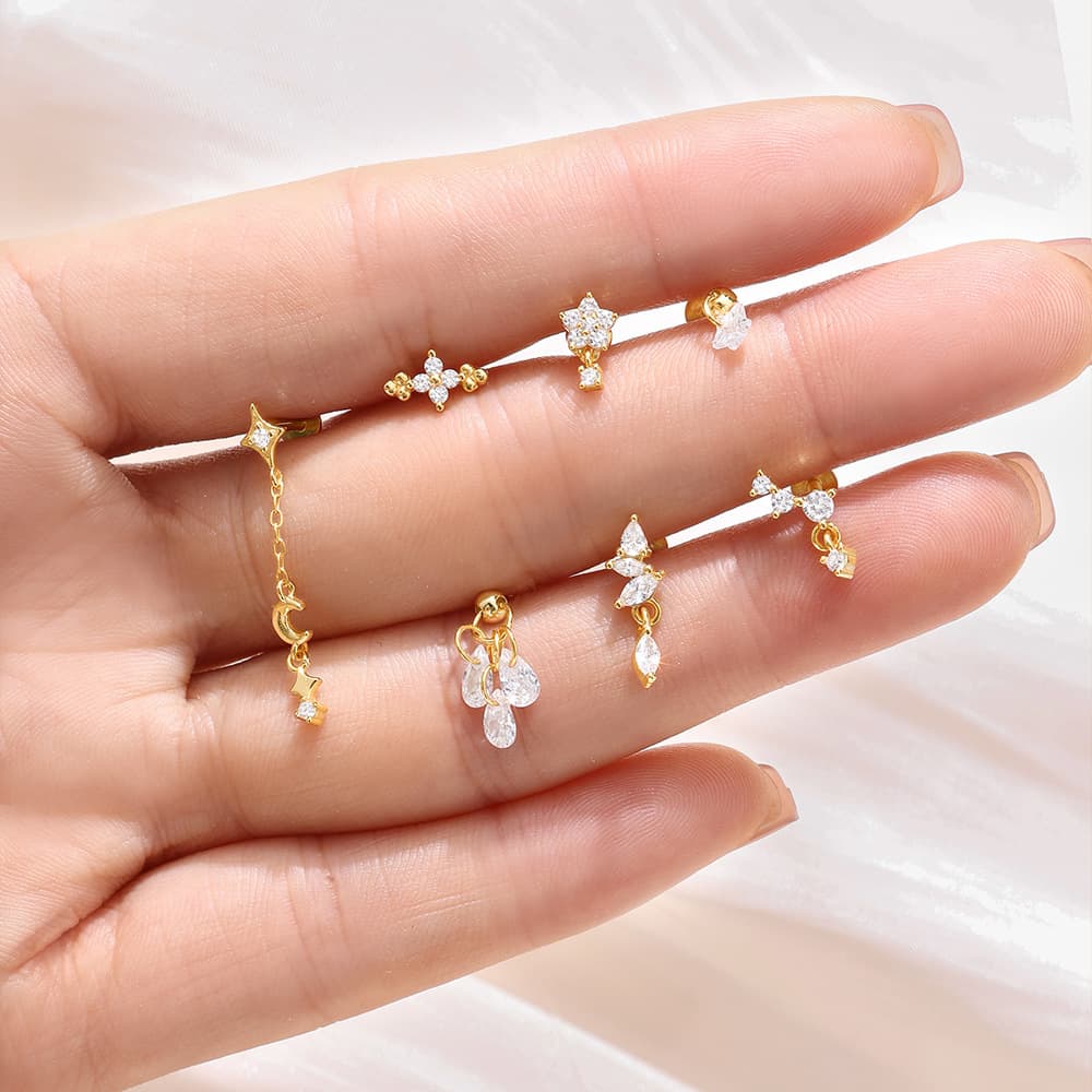 European and American s925 sterling silver daily wear star and moon four-leaf clover petals diamond cartilage spiral tassel piercing nails 3