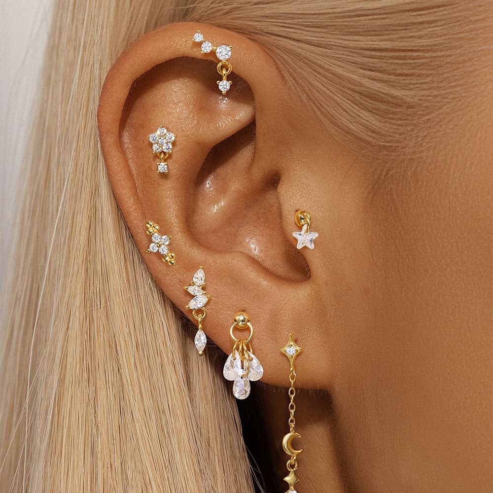 European and American s925 sterling silver daily wear star and moon four-leaf clover petals diamond cartilage spiral tassel piercing nails 4