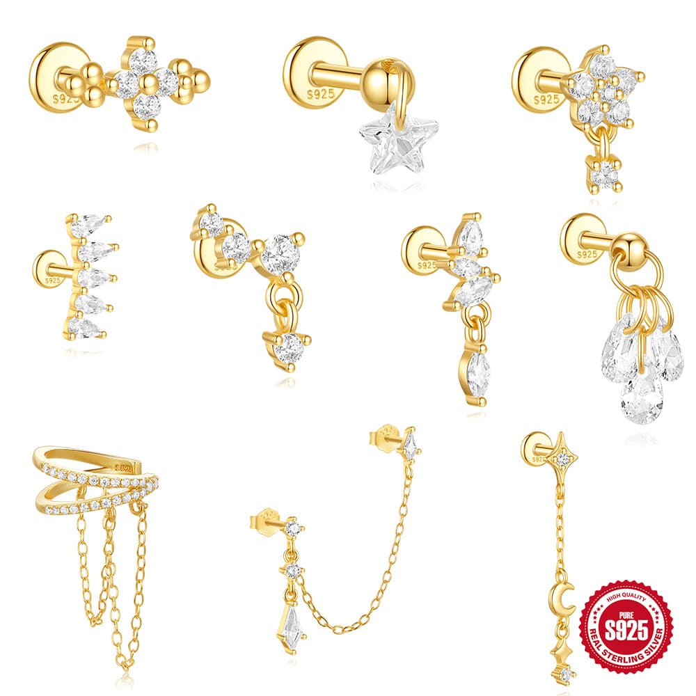 European and American s925 sterling silver daily wear star and moon four-leaf clover petals diamond cartilage spiral tassel piercing nails 1
