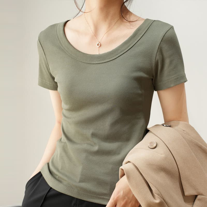 Right shoulder threaded T-shirt for women summer 2026 new slim fit and versatile slim large size U-neck high elastic short-sleeved bottoming top 2