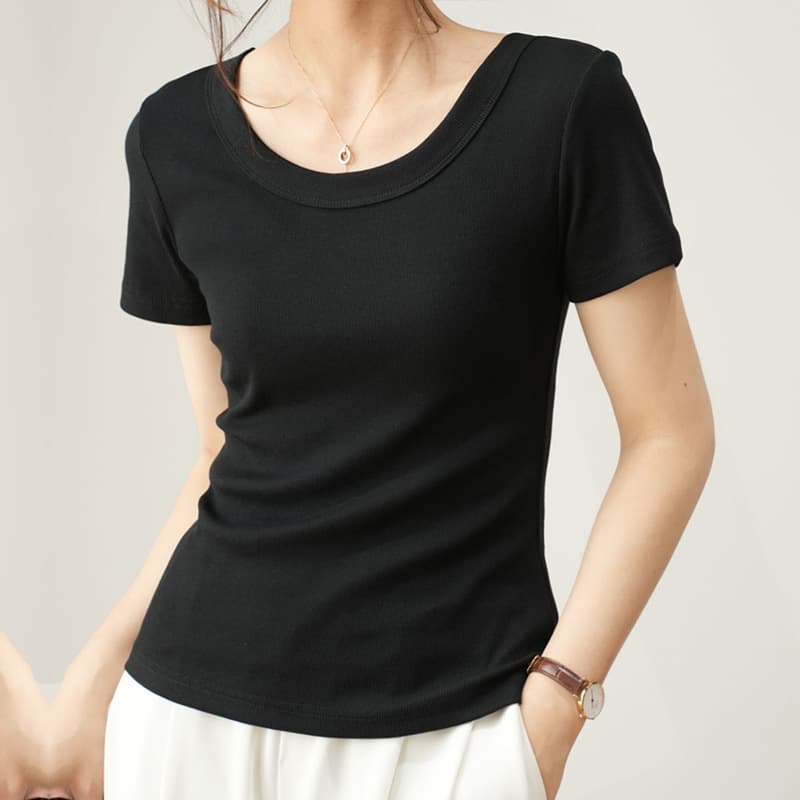 Right shoulder threaded T-shirt for women summer 2026 new slim fit and versatile slim large size U-neck high elastic short-sleeved bottoming top 4