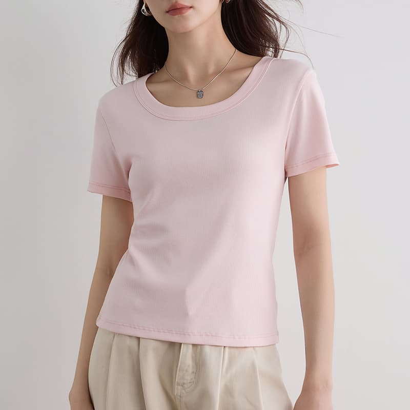 Right shoulder threaded T-shirt for women summer 2026 new slim fit and versatile slim large size U-neck high elastic short-sleeved bottoming top 10