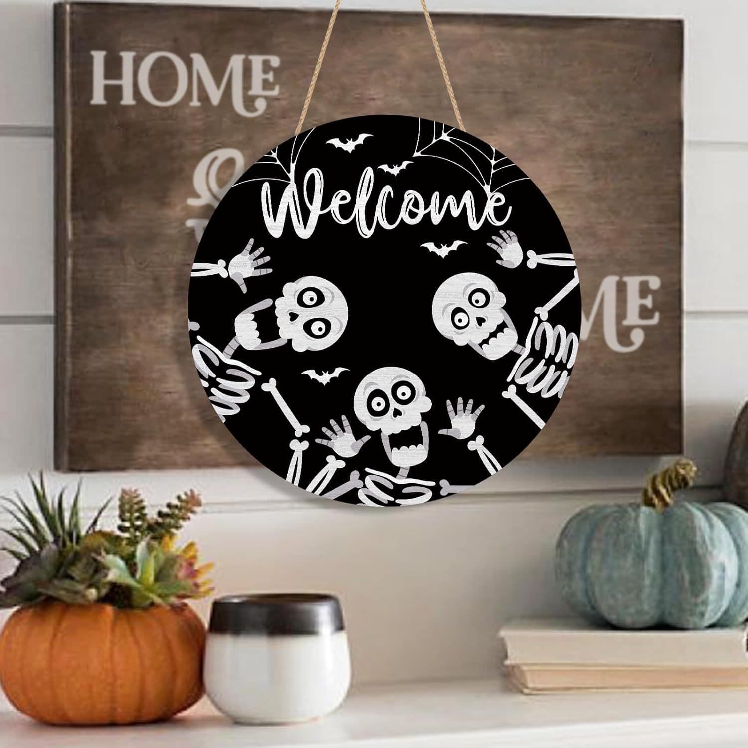 Welcome Halloween Skull Door Sign Fun Outdoor Porch Seasonal Holiday Farmhouse Wooden Interior Decor 4