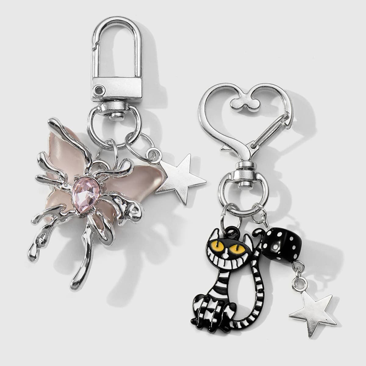 Cross-border hot style Y2K fashionable silver butterfly pink crystal star civet cat keychain earphone pendant 3