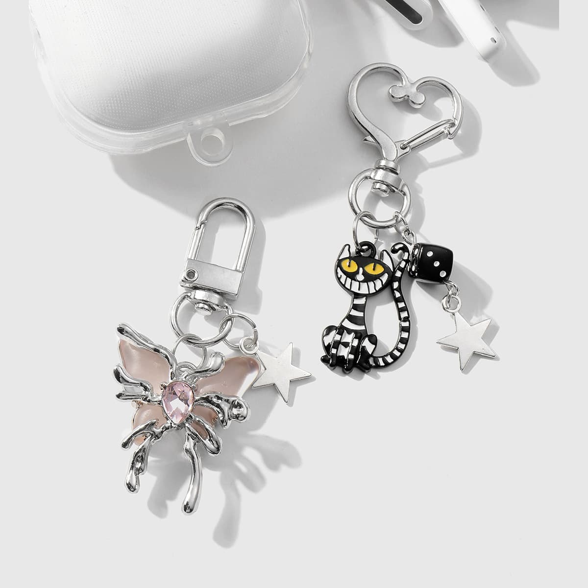 Cross-border hot style Y2K fashionable silver butterfly pink crystal star civet cat keychain earphone pendant 4