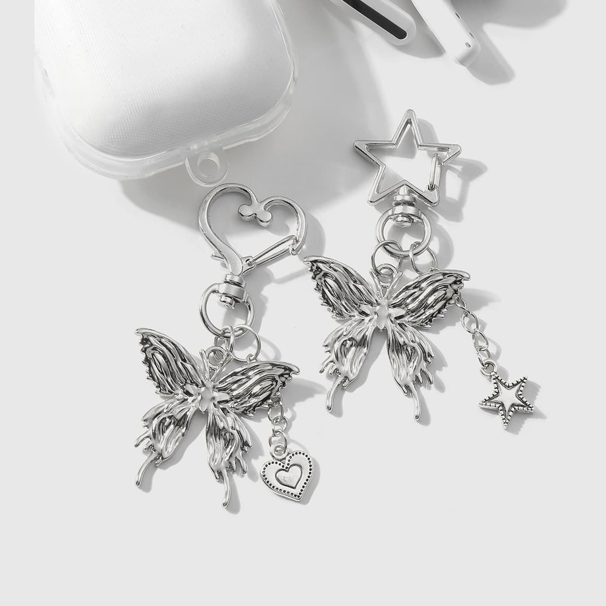 Cross-border hot style Y2K fashionable silver butterfly pink crystal star civet cat keychain earphone pendant 5