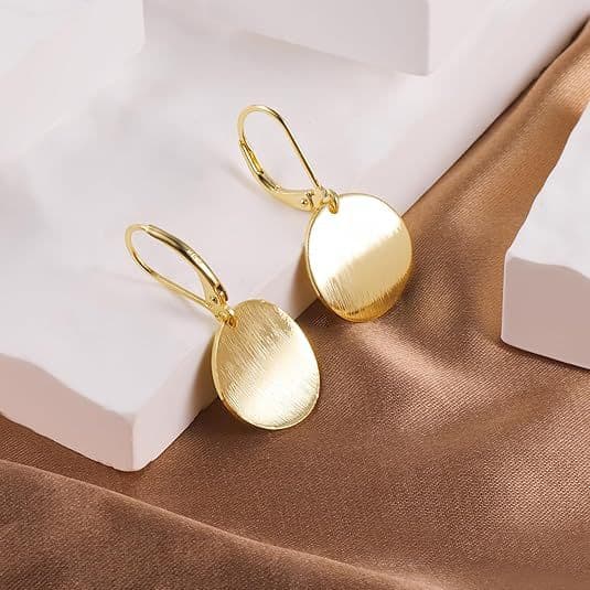 Women's 14K Gold Drop Earrings, Lightweight Round Disc Coin Geometric Flat Brushed Earrings, Hypoallergenic 1