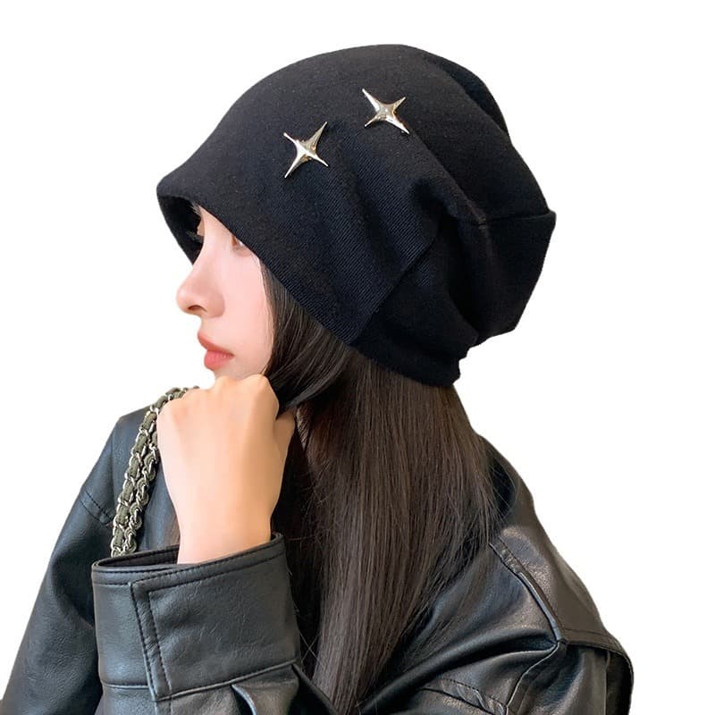 Autumn and winter Korean style big head circumference alloy star accessories hat ladies pullover cold hat showing face small Baotou pile hat 6