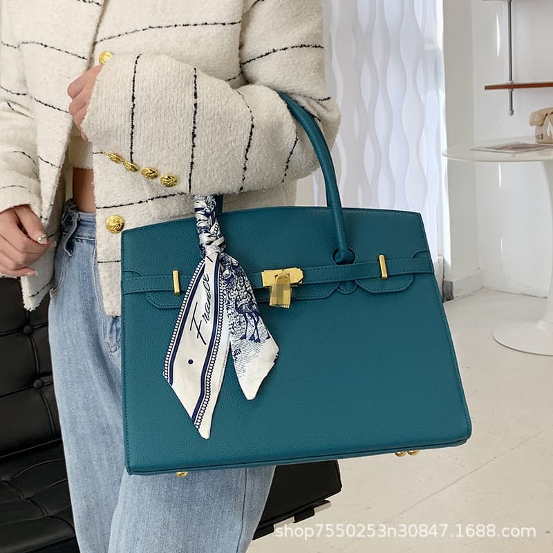 Cross-border bag women's new style lock scarf Kelly bag popular crossbody bag litchi pattern fashionable tote bag 3