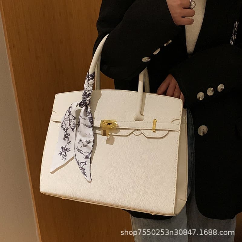 Cross-border bag women's new style lock scarf Kelly bag popular crossbody bag litchi pattern fashionable tote bag 5