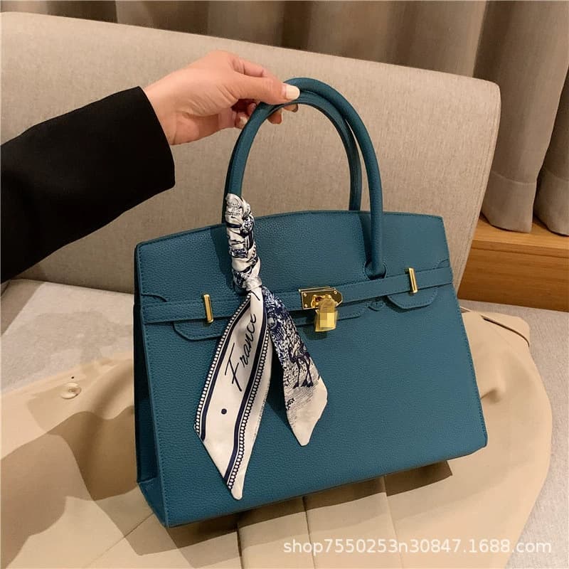 Cross-border bag women's new style lock scarf Kelly bag popular crossbody bag litchi pattern fashionable tote bag 7