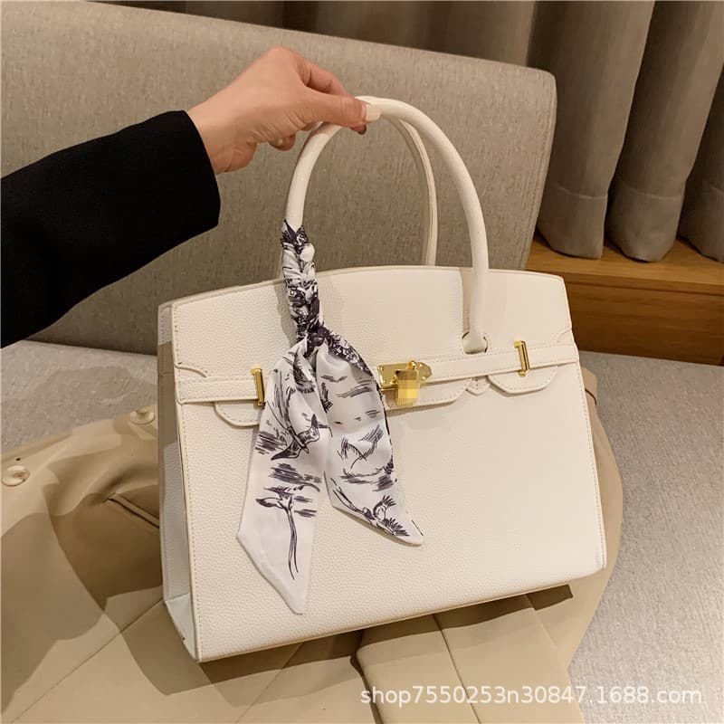 Cross-border bag women's new style lock scarf Kelly bag popular crossbody bag litchi pattern fashionable tote bag 8