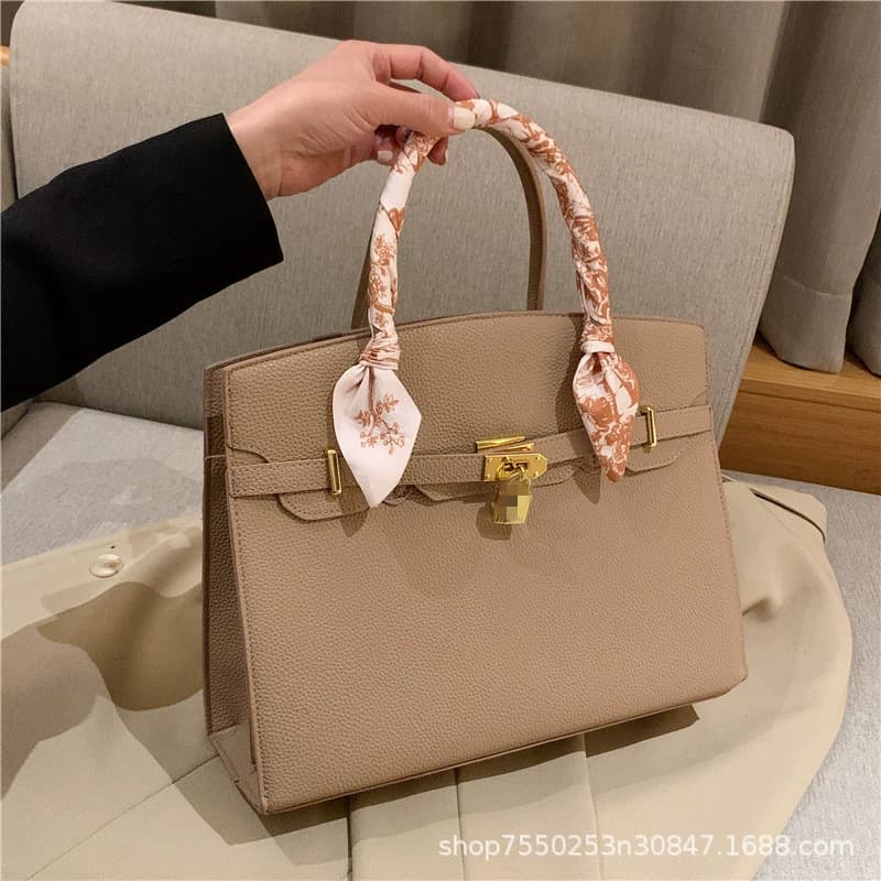 Cross-border bag women's new style lock scarf Kelly bag popular crossbody bag litchi pattern fashionable tote bag 9