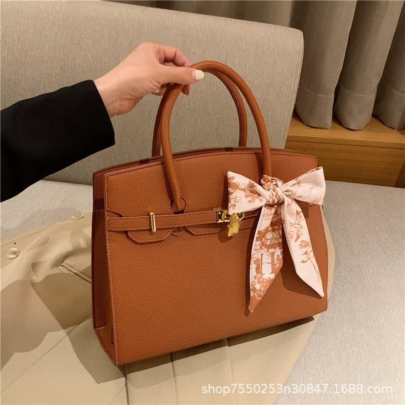 Cross-border bag women's new style lock scarf Kelly bag popular crossbody bag litchi pattern fashionable tote bag 10