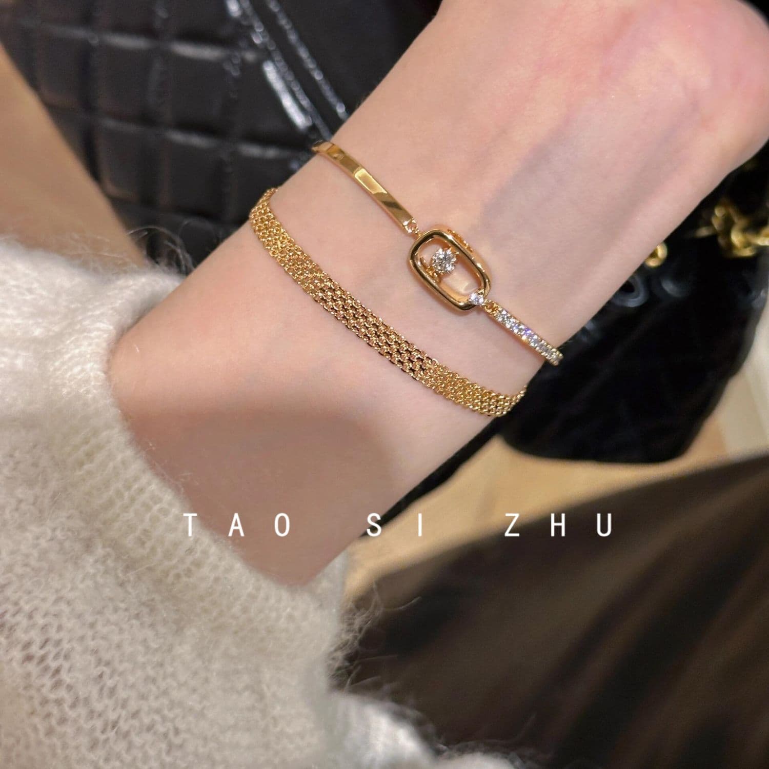 Vintage middle-aged woven golden silver watch strap bracelet for women retro light luxury high-end hand jewelry 5