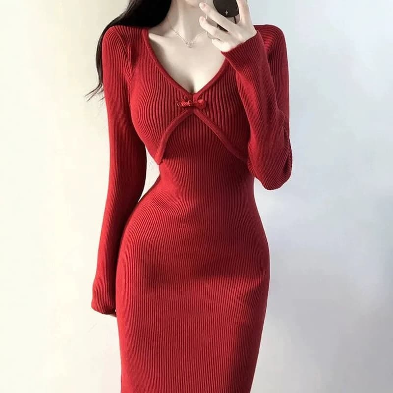 Autumn and winter new Chinese style retro red improved knitted cheongsam disc buckle slimming slim Chinese style young style hip skirt 2
