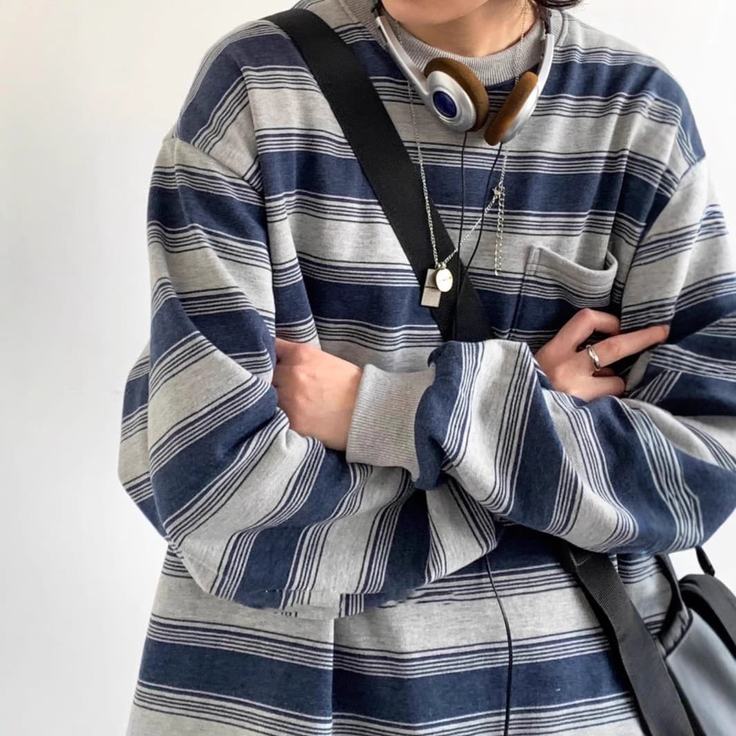 Washed distressed long-sleeved sea soul shirt for boys and girls, inner T-shirt, spring and autumn round neck bottoming shirt, striped workwear sweatshirt, trendy 2