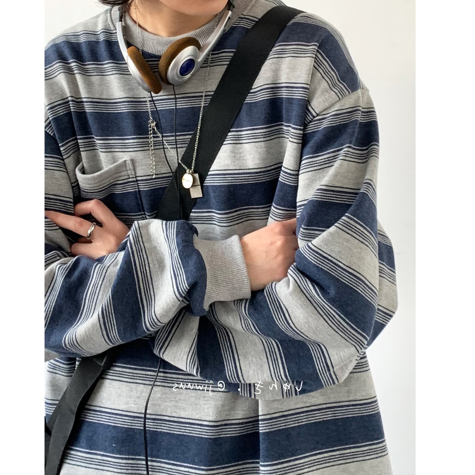 Washed distressed long-sleeved sea soul shirt for boys and girls, inner T-shirt, spring and autumn round neck bottoming shirt, striped workwear sweatshirt, trendy 7
