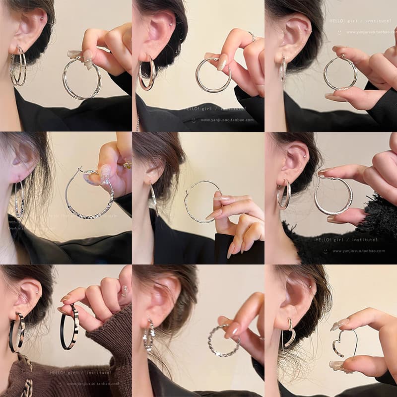 S925 silver needle European and American exaggerated plain hoop earrings for women with round faces and slimming earrings, fashionable and versatile earrings 2