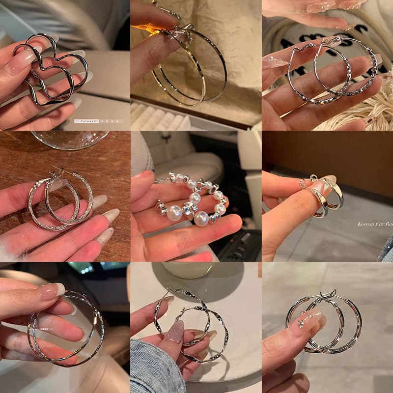 S925 silver needle European and American exaggerated plain hoop earrings for women with round faces and slimming earrings, fashionable and versatile earrings 3