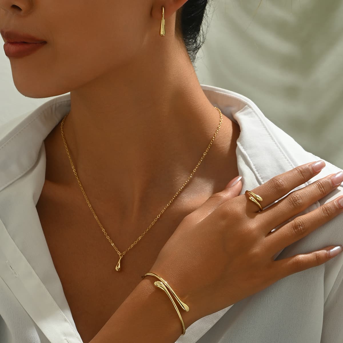 Simple and fresh Korean style earrings and necklace jewelry set for women with water drop design ring personalized opening adjustment bracelet 1