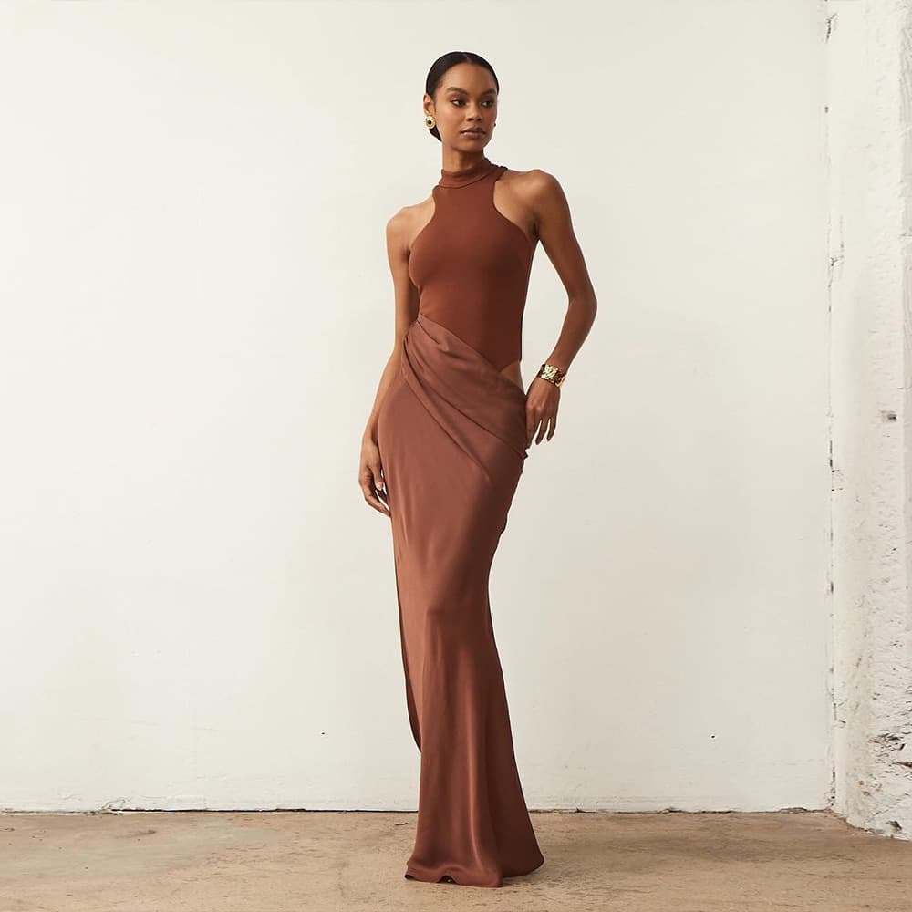 Amazon cross-border European and American new women's round neck sleeveless slim splicing long skirt fashionable hollow dress wholesale 2