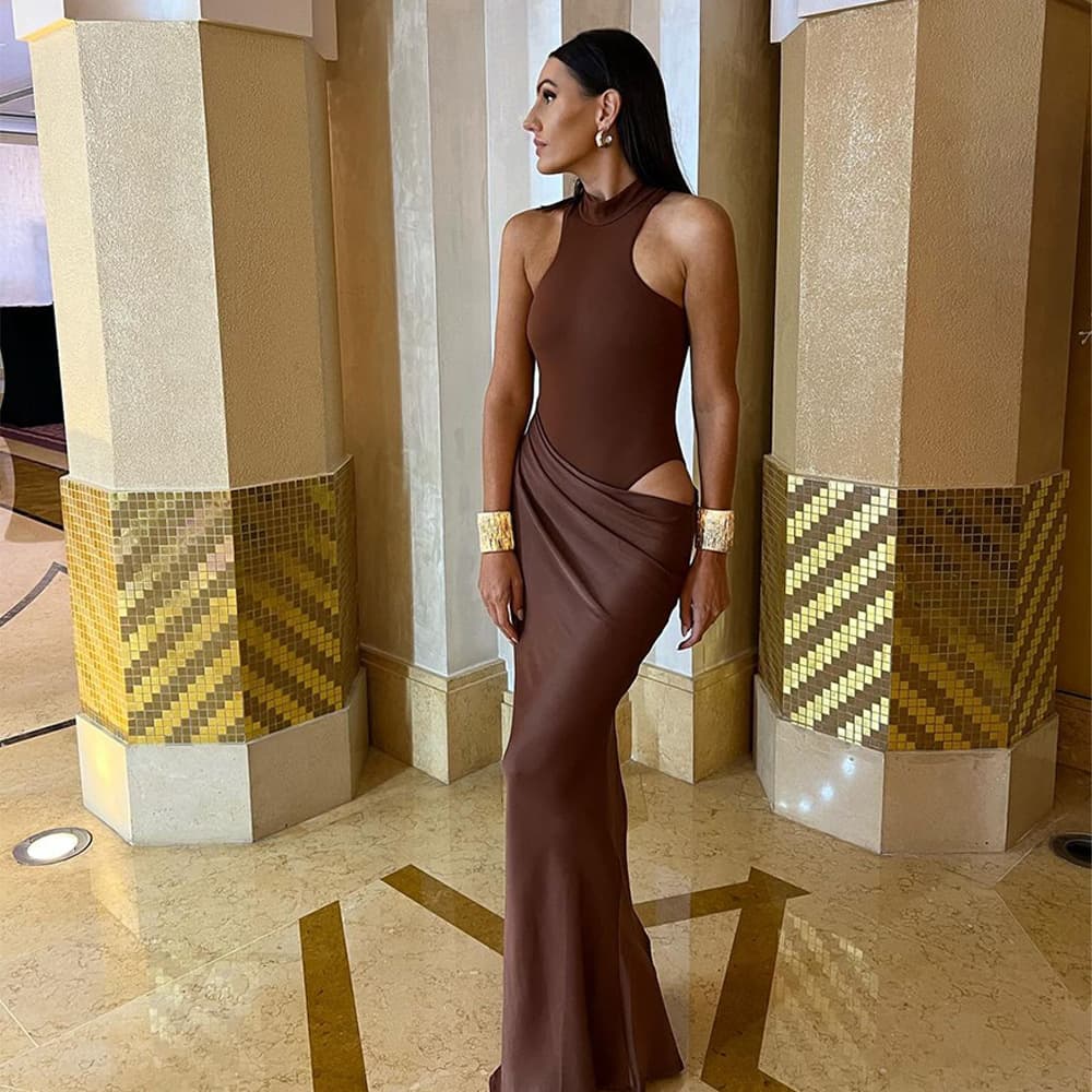 Amazon cross-border European and American new women's round neck sleeveless slim splicing long skirt fashionable hollow dress wholesale 4