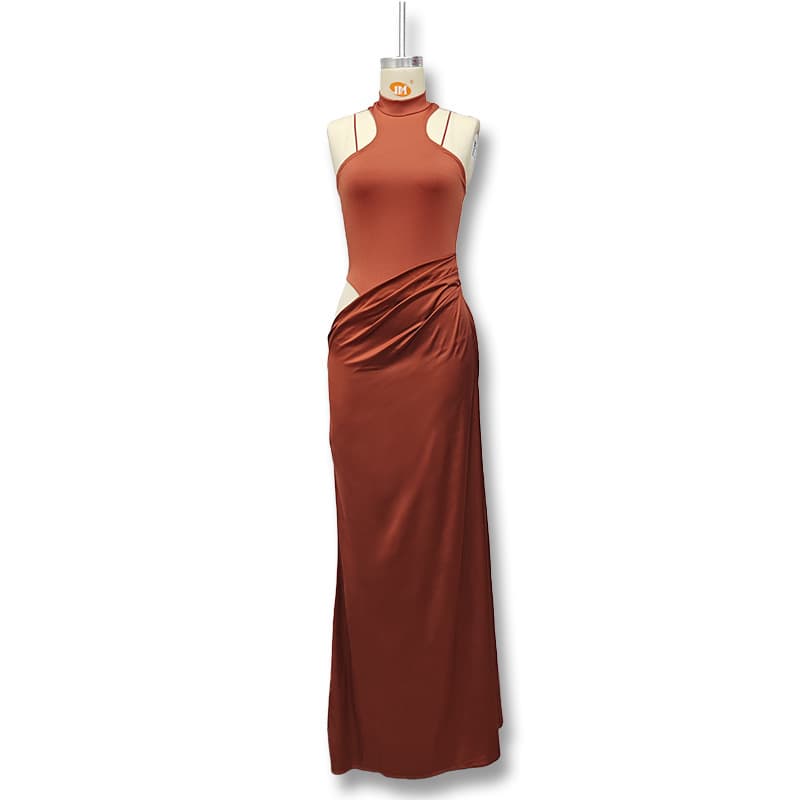 Amazon cross-border European and American new women's round neck sleeveless slim splicing long skirt fashionable hollow dress wholesale 7