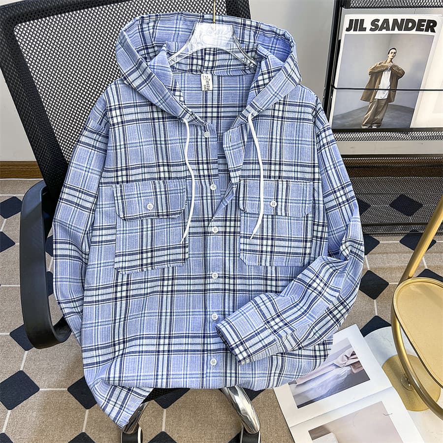 Spring and Autumn Loose Casual Hooded Plaid Shirt Men's Design Lazy Trendy Workwear Thin Jacket Tops for Men 3