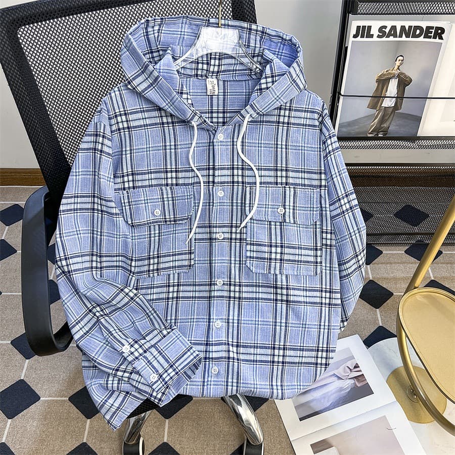 Spring and Autumn Loose Casual Hooded Plaid Shirt Men's Design Lazy Trendy Workwear Thin Jacket Tops for Men 7