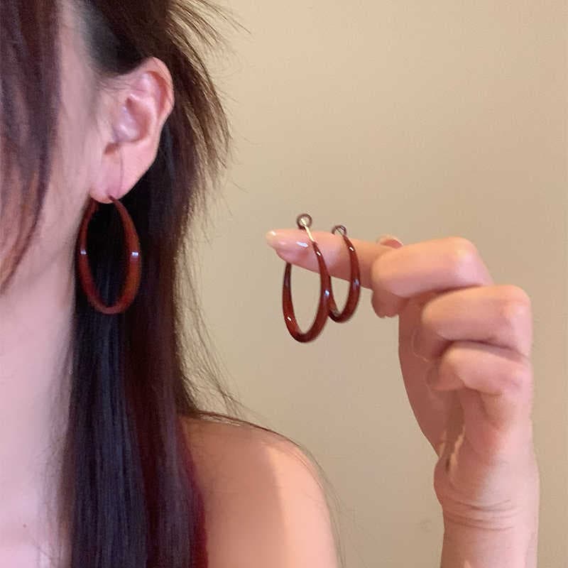 Ancora red hoop earrings for women, retro Hong Kong style high-end temperament earrings, autumn and winter hot girl ear jewelry