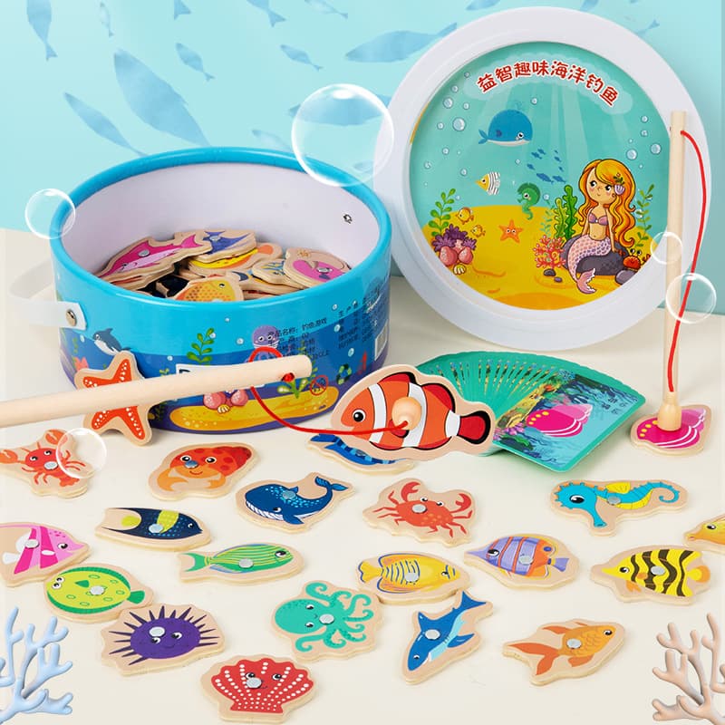 Children's educational Montessori early education teaching aids baby magnetic fishing game parent-child interactive wooden toy boy gift 1