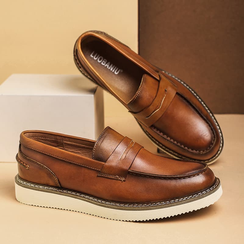 Men's loafers, breathable first-layer cowhide business men's shoes, round-toe thick-soled casual shoes, non-slip retro sailing shoes 2