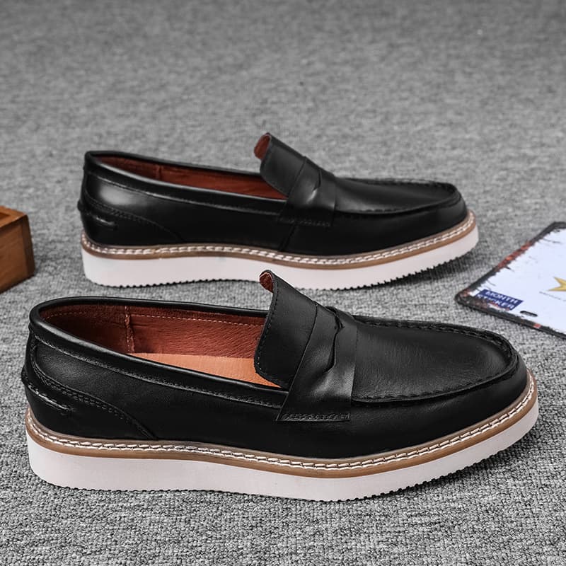 Men's loafers, breathable first-layer cowhide business men's shoes, round-toe thick-soled casual shoes, non-slip retro sailing shoes 5